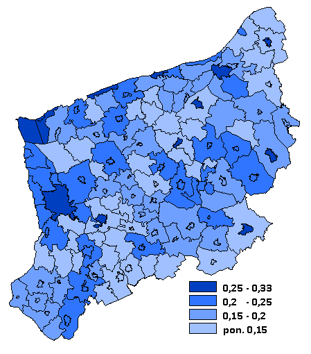 Rysunek 5 Udział osób z wykształceniem wyższym wg gmin w 2002 r. Rysunek 6 Udział osób z wykształceniem średnim wg gmin w 2002 r. Źródło: Opracowanie własne na podstawie danych BDR GUS.