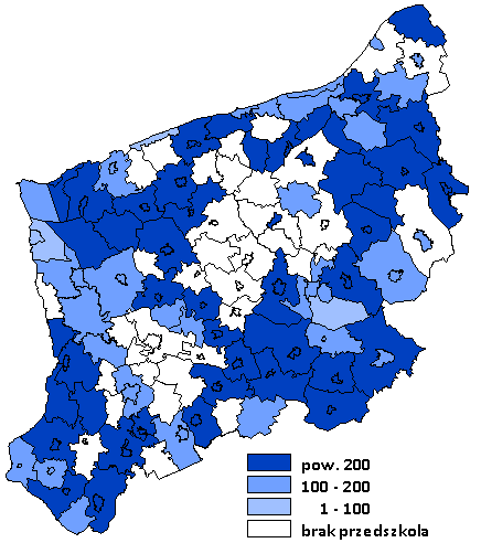 poszczególnych gminach. W tym celu obliczono, ile osób w danej grupie wiekowej przypada na jedno przedszkole, szkołę podstawową, gimnazjum czy szkołę ponadgimnazjalną.