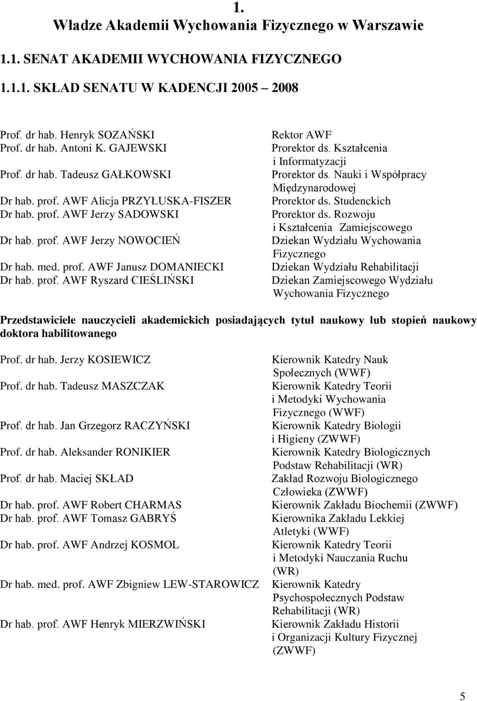 prof. AWF Ryszard CIEŚLIŃSKI Rektor AWF Prorektor ds. Kształcenia i Informatyzacji Prorektor ds. Nauki i Współpracy Międzynarodowej Prorektor ds. Studenckich Prorektor ds.