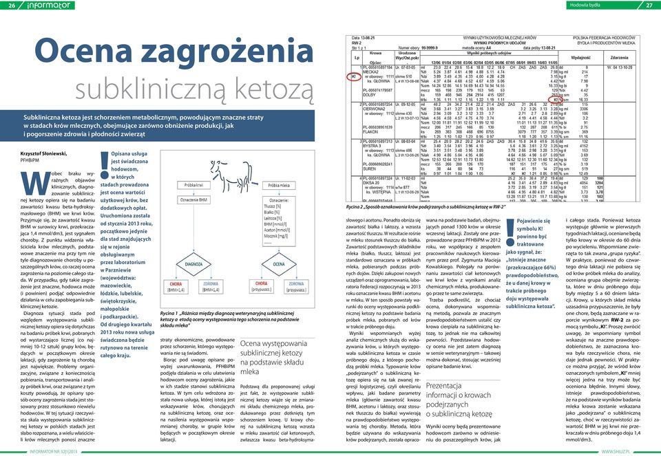 kwasu beta-hydroksymasłowego (BHM) we krwi krów. Przyjmuje się, że zawartość kwasu BHM w surowicy krwi, przekraczająca 1,4 mmol/dm3, jest sygnałem choroby.