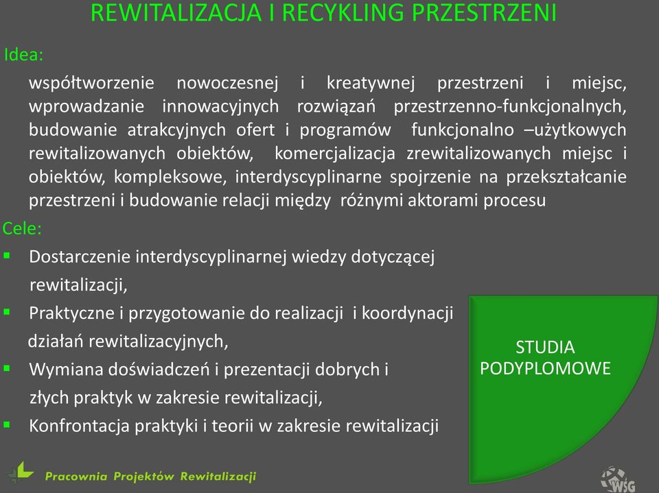 przekształcanie przestrzeni i budowanie relacji między różnymi aktorami procesu Dostarczenie interdyscyplinarnej wiedzy dotyczącej rewitalizacji, Praktyczne i przygotowanie do realizacji i