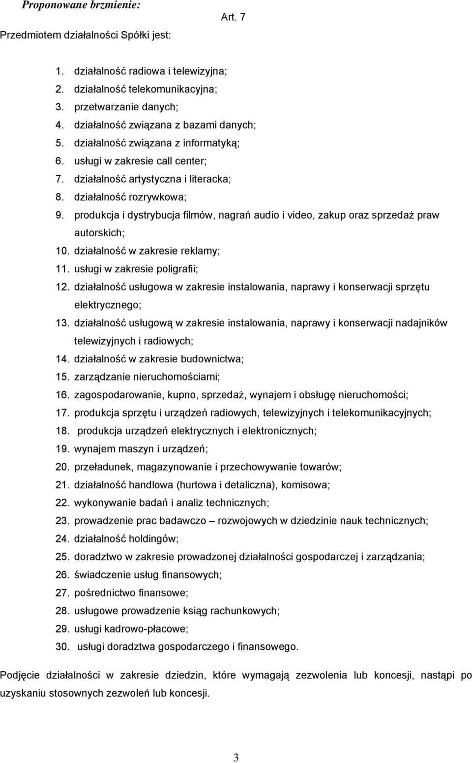 produkcja i dystrybucja filmów, nagrań audio i video, zakup oraz sprzedaż praw autorskich; 10. działalność w zakresie reklamy; 11. usługi w zakresie poligrafii; 12.