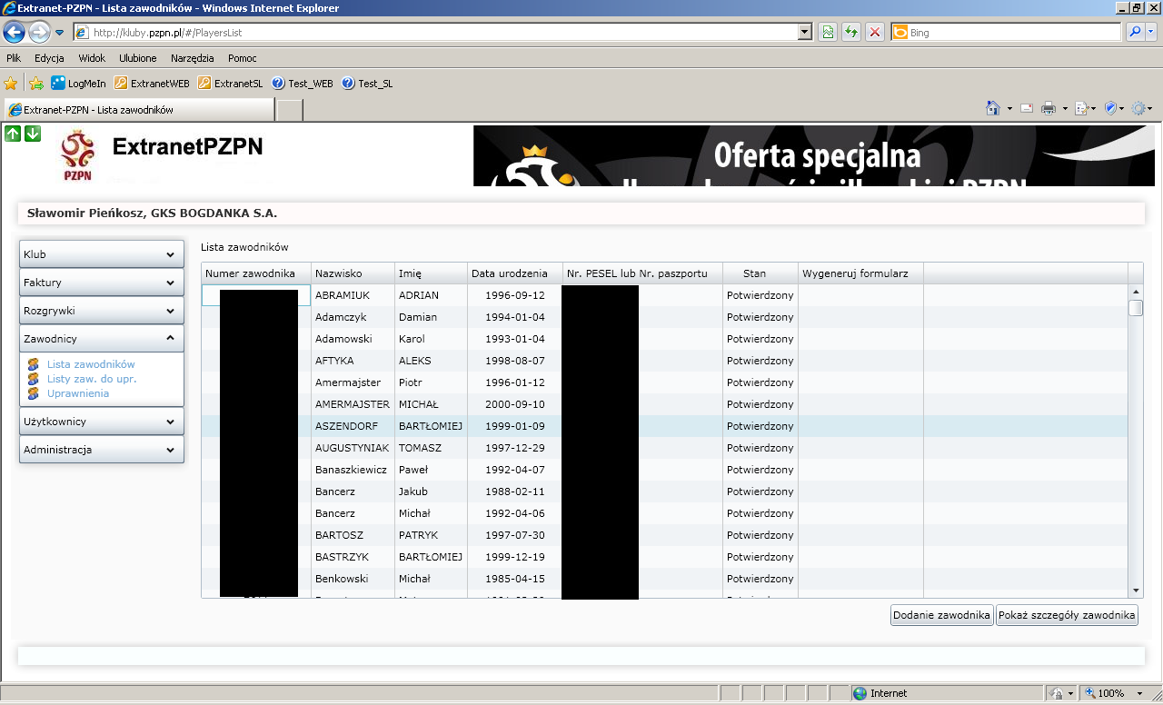 5.1 Lista zawodników Podkategoria ta umożliwia nam wyświetlenie wszystkich zawodników potwierdzonych do określonego klubu. Poniższy rysunek to uwidacznia.