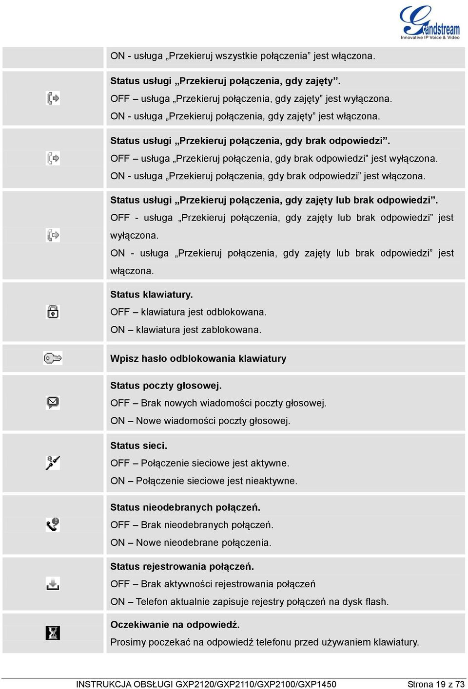 ON - usługa Przekieruj połączenia, gdy brak odpowiedzi jest włączona. Status usługi Przekieruj połączenia, gdy zajęty lub brak odpowiedzi.