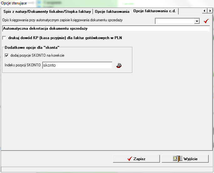 2. W opcjach programu ustawiamy parametr dodaj pozycję SKONTO nakorekcie oraz przypisujemy indeks założonej kartoteki do pozycji Indeks pozycji SKONTO ponieważ to ten