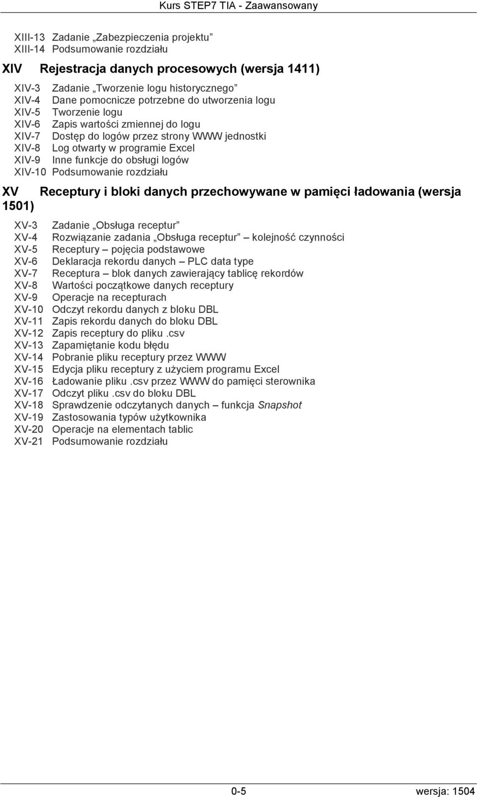 bloki danych przechowywane w pamięci ładowania (wersja 1501) XV-3 Zadanie Obsługa receptur XV-4 Rozwiązanie zadania Obsługa receptur kolejność czynności XV-5 Receptury pojęcia podstawowe XV-6