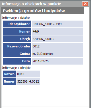 Po naciśnięciu opcji informacje o obiekcie wyświetla się informacja o działce.