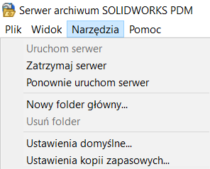 W oknie programu Serwer archiwum SOLIDWORKS PDM, wybieramy Narzędzia, Ustawienia kopii zapasowych W kolejnym oknie