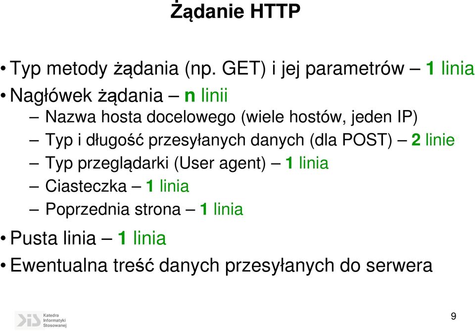 hostów, jeden IP) Typ i długość przesyłanych danych (dla POST) 2 linie Typ
