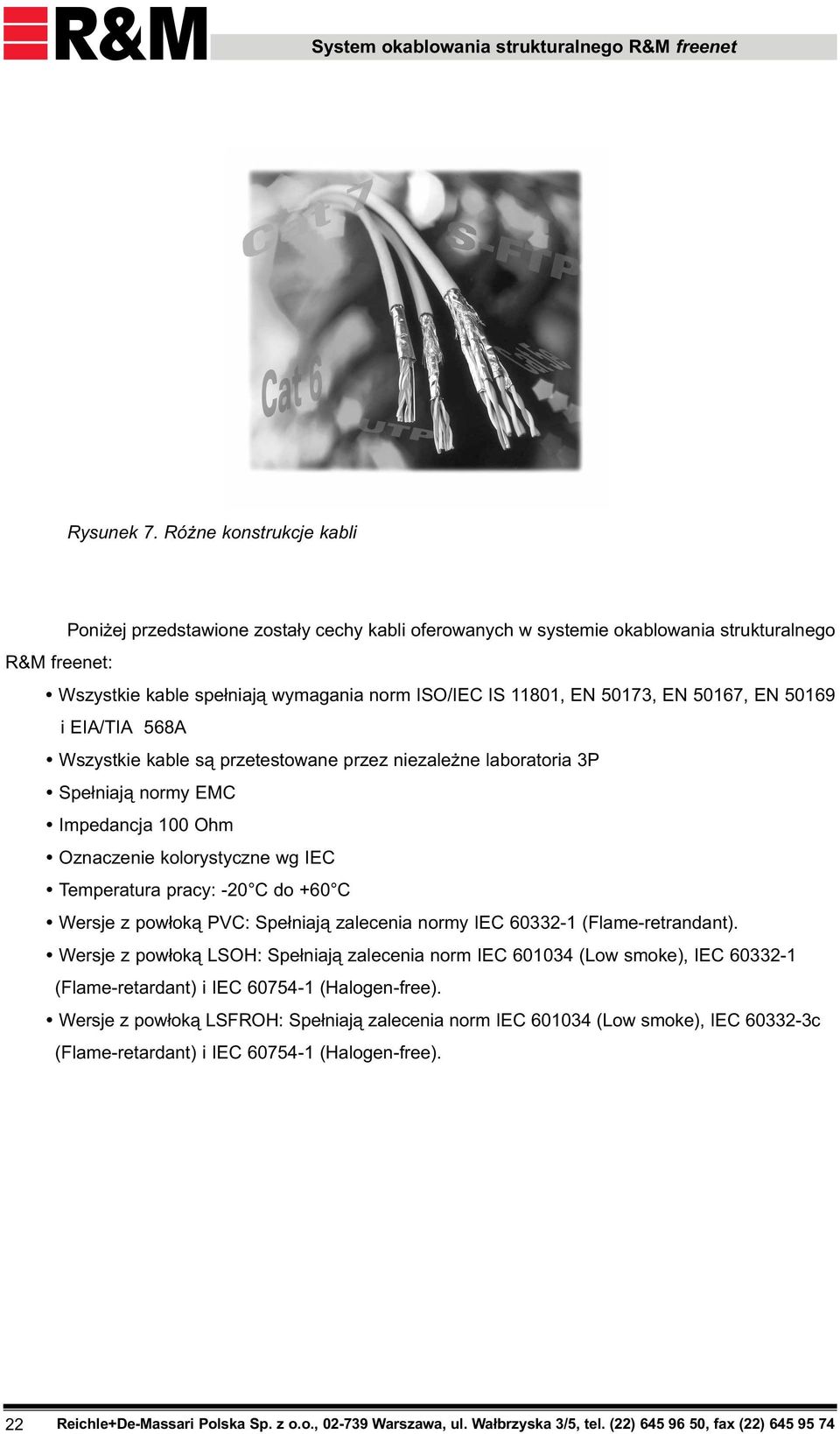 EN 50167, EN 50169 i EIA/TIA 568A Ÿ Wszystkie kable s¹ przetestowane przez niezale ne laboratoria 3P Ÿ Spe³niaj¹ normy EMC Ÿ Impedancja 100 Ohm Ÿ Oznaczenie kolorystyczne wg IEC Ÿ Temperatura pracy: