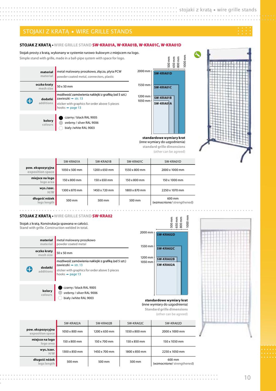 , złącza, płyta PCW, connectors, plastic 2000 mm 500 mm SW-KRA01D 650 mm 800 mm 1000 mm oczko kraty mesh size 50 x 50 mm 1550 mm SW-KRA01C zawieszki str.