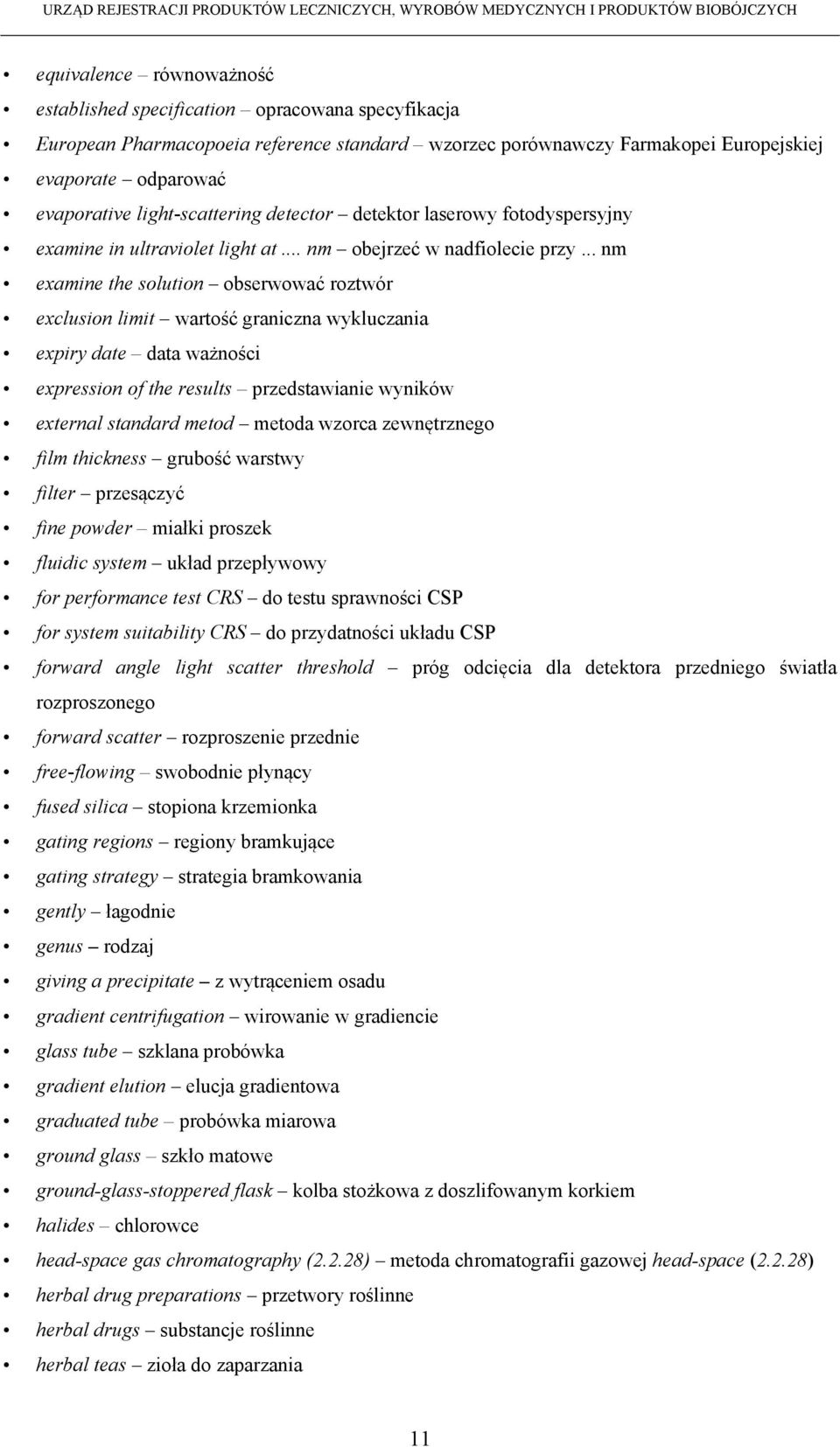 .. nm examine the solution obserwować roztwór exclusion limit wartość graniczna wykluczania expiry date data ważności expression of the results przedstawianie wyników external standard metod metoda