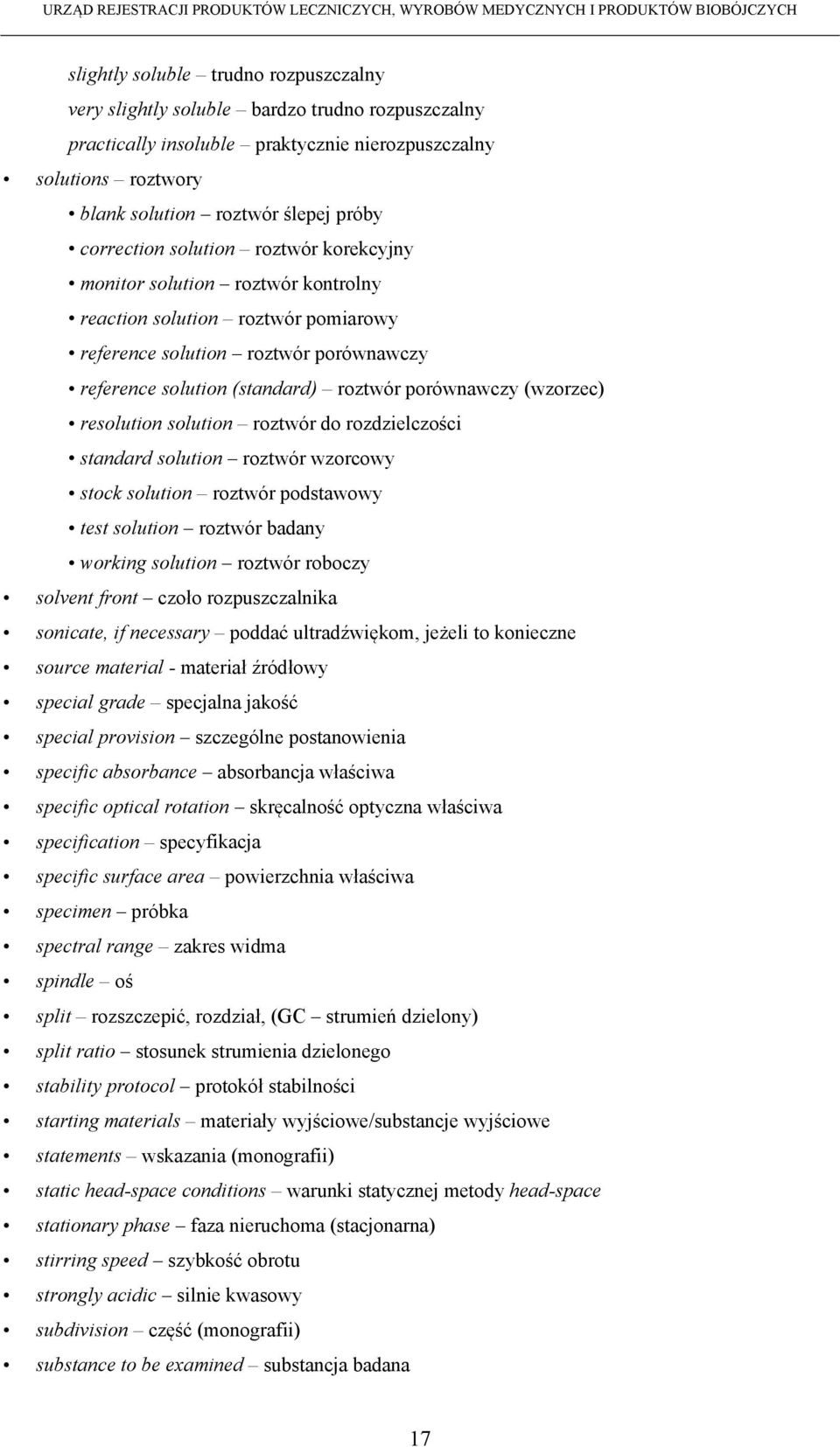 (wzorzec) resolution solution roztwór do rozdzielczości standard solution roztwór wzorcowy stock solution roztwór podstawowy test solution roztwór badany working solution roztwór roboczy solvent