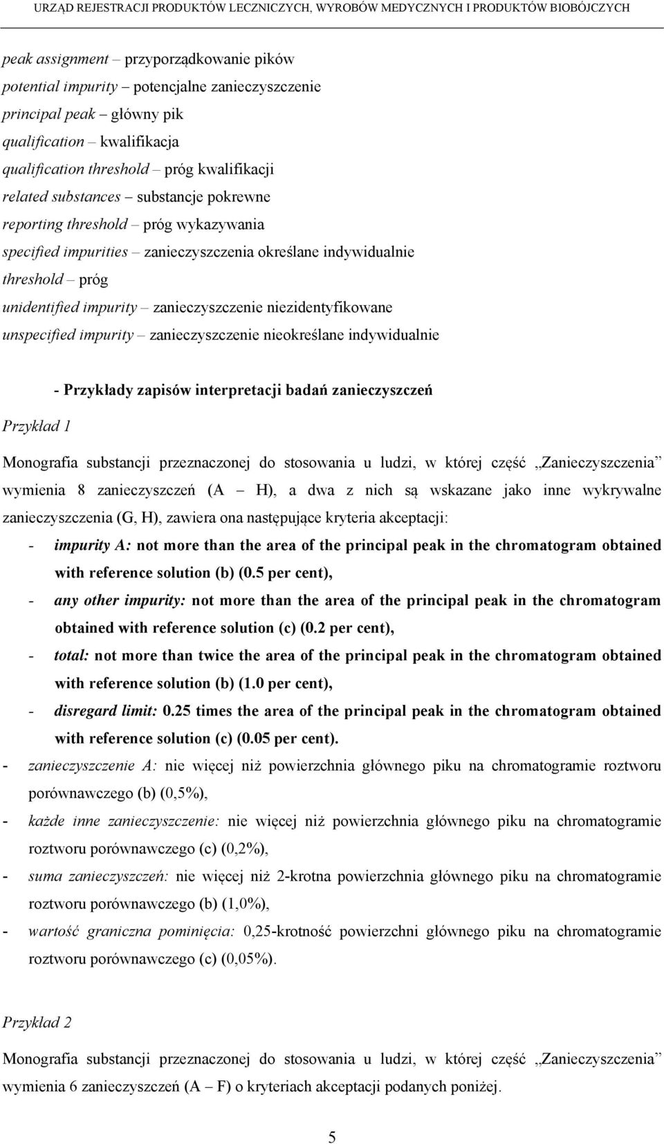 niezidentyfikowane unspecified impurity zanieczyszczenie nieokreślane indywidualnie - Przykłady zapisów interpretacji badań zanieczyszczeń Przykład 1 Monografia substancji przeznaczonej do stosowania