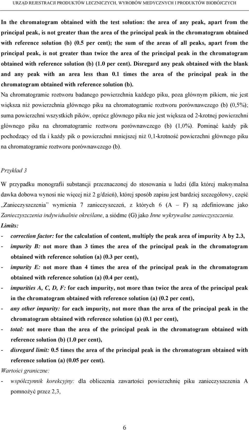 5 per cent); the sum of the areas of all peaks, apart from the principal peak, is not greater than twice the area of the principal peak in the chromatogram obtained with reference solution (b) (1.