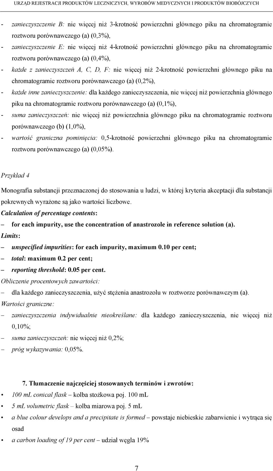 - każde inne zanieczyszczenie: dla każdego zanieczyszczenia, nie więcej niż powierzchnia głównego piku na chromatogramie roztworu porównawczego (a) (0,1%), - suma zanieczyszczeń: nie więcej niż