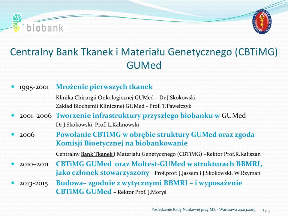 Kalinowski Powołanie CBTiMG w obrębie struktury GUMed oraz zgoda Komisji Bioetycznej na biobankowanie 2010 2011 2013-2015 Centralny Bank Tkanek i Materiału Genetycznego (CBTiMG) Re