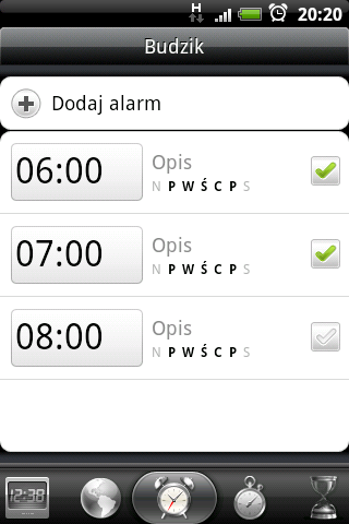 120 Zegar i pogoda Ustawianie budzika Za pomocą ekranu Alarmy aplikacji Budzik można ustawić jeden lub większą liczbę alarmów. Ustawianie alarmu Stuknij zegar HTC na ekranie głównym.