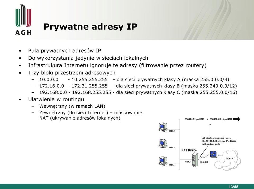 16.0.0-172.31.255.255 - dla sieci prywatnych klasy B (maska 255.240.0.0/12) 192.168.0.0-192.168.255.255 - dla sieci prywatnych klasy C (maska 255.