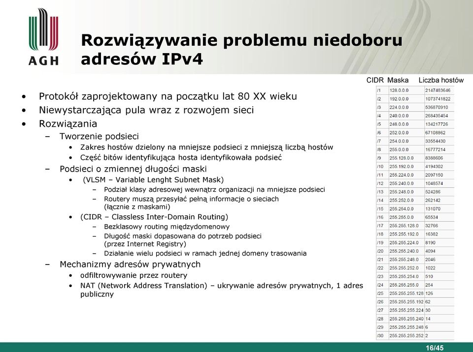 Podział klasy adresowej wewnątrz organizacji na mniejsze podsieci Routery muszą przesyłać pełną informacje o sieciach (łącznie z maskami) (CIDR Classless Inter-Domain Routing) Bezklasowy routing