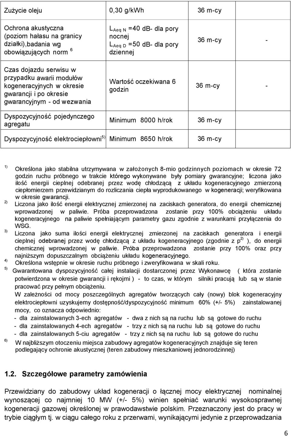 36 m-cy - 36 m-cy - 36 m-cy Dyspozycyjność elektrociepłowni 5) Minimum 8650 h/rok 36 m-cy 1) 2) 3) 4) 5) 6) Określona jako stabilna utrzymywana w założonych 8-mio godzinnych poziomach w okresie 72