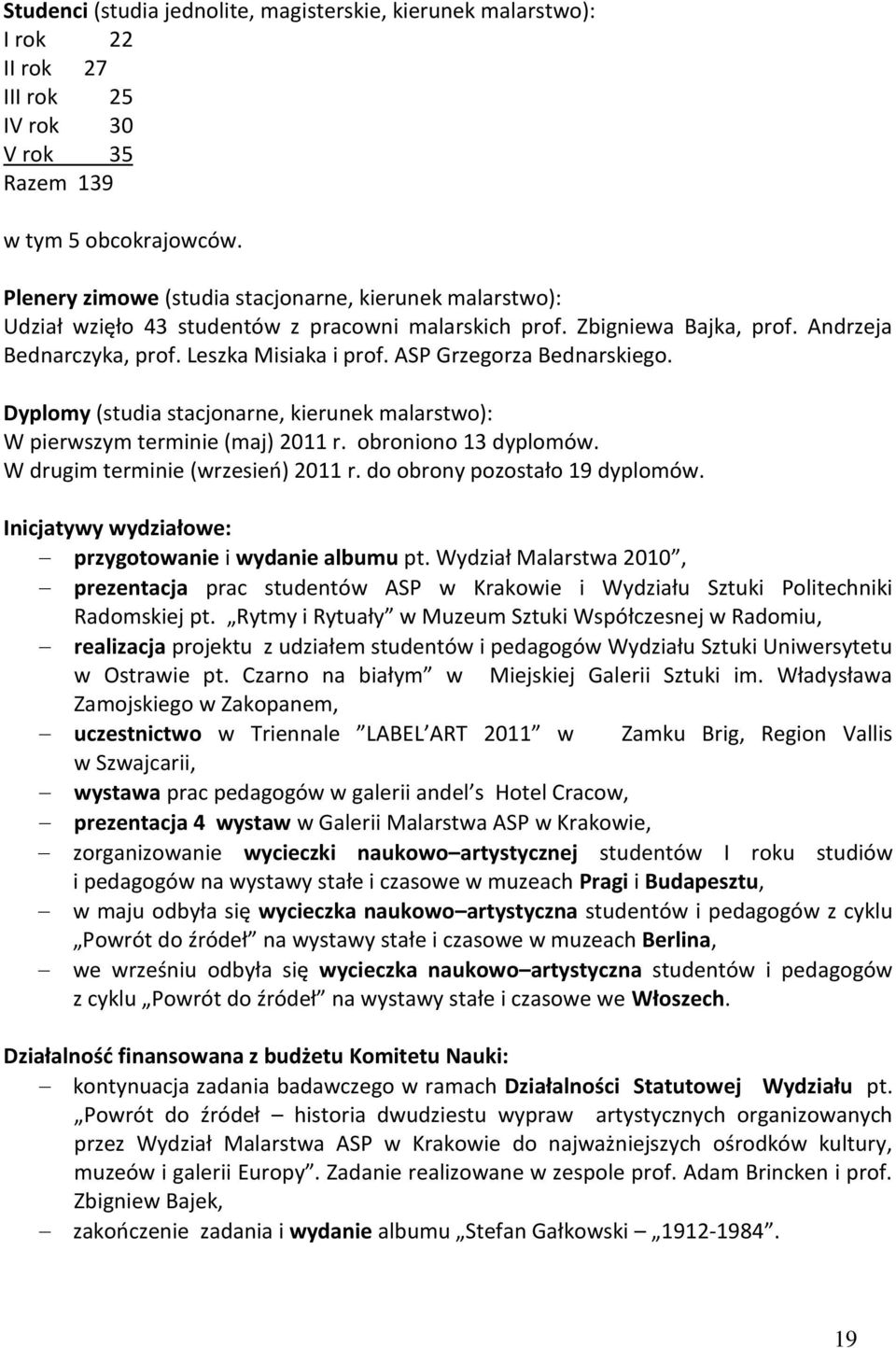 ASP Grzegorza Bednarskiego. Dyplomy (studia stacjonarne, kierunek malarstwo): W pierwszym terminie (maj) 2011 r. obroniono 13 dyplomów. W drugim terminie (wrzesień) 2011 r.