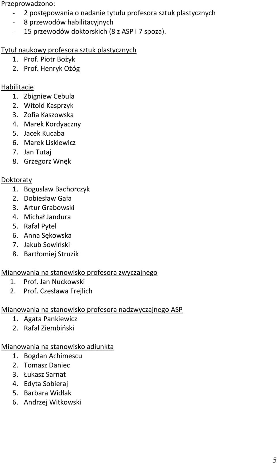 Marek Liskiewicz 7. Jan Tutaj 8. Grzegorz Wnęk Doktoraty 1. Bogusław Bachorczyk 2. Dobiesław Gała 3. Artur Grabowski 4. Michał Jandura 5. Rafał Pytel 6. Anna Sękowska 7. Jakub Sowiński 8.