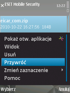 6. Znaleziono zagrożenie W razie wykrycia zagrożenia program ESET Mobile Security wyświetla monit o wykonanie czynności.