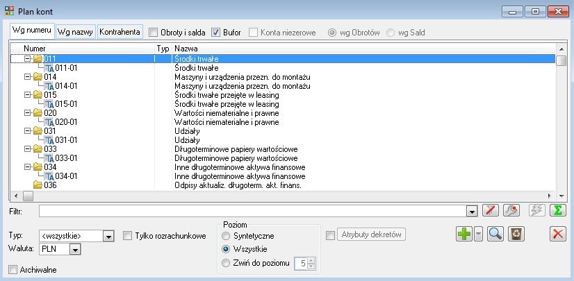 Rysunek 21 Lista Plan kont z opcjami: Syntetyczne,