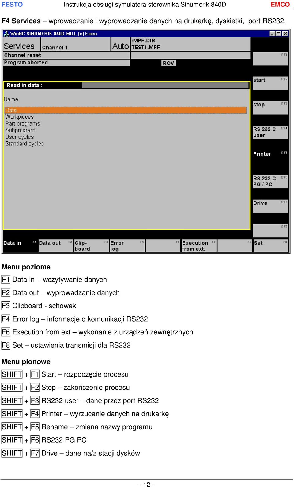 Execution from ext wykonanie z urządzeń zewnętrznych F8 Set ustawienia transmisji dla RS232 Menu pionowe SHIFT + F1 Start rozpoczęcie procesu SHIFT + F2