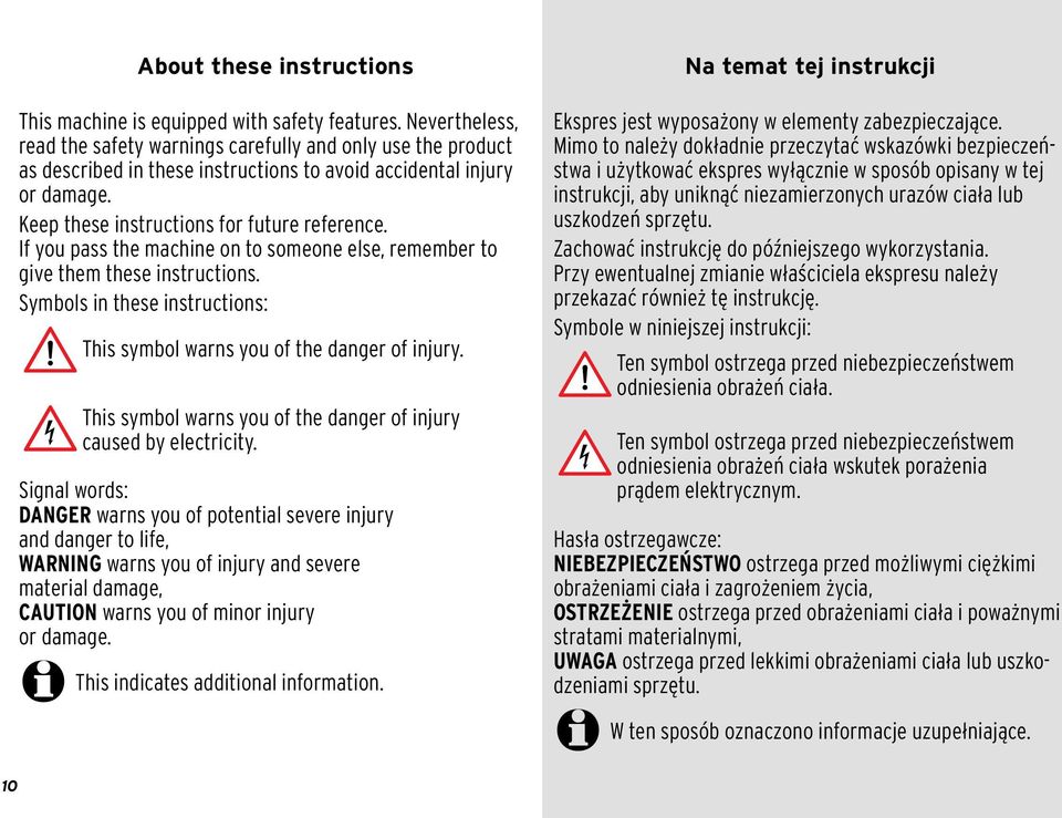 If you pass the machine on to someone else, remember to give them these instructions. Symbols in these instructions: This symbol warns you of the danger of injury.