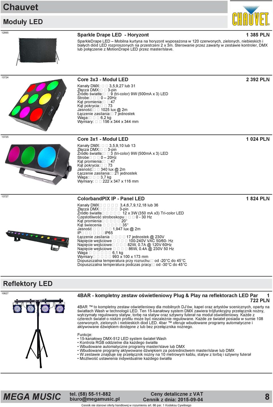 13724 Core 3x3 Moduł LED Kanały DMX: 3,5,9,27 lub 31 Złącza DMX: 3 pin Źródło światła: 9 (tri color) 9W (500mA x 3) LED Strobe 0 20Hz Kąt promienia: 47 Kąt pokrycia: 73 Jasność: 1025 lux @ 2m