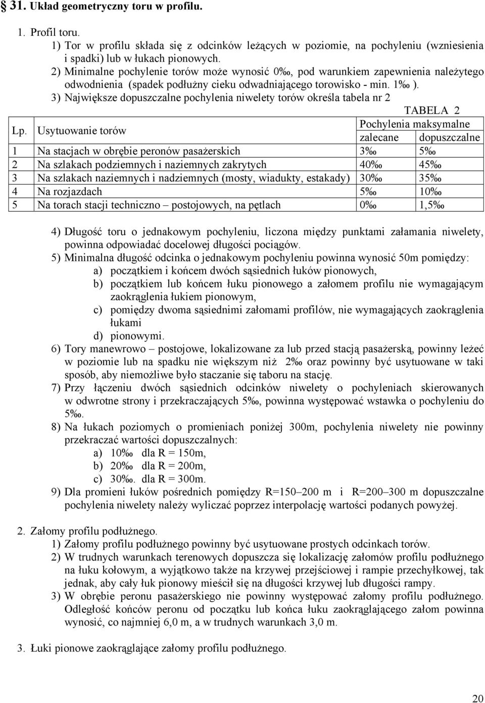 3) Największe dopuszczalne pochylenia niwelety torów określa tabela nr 2 TABELA 2 Lp.