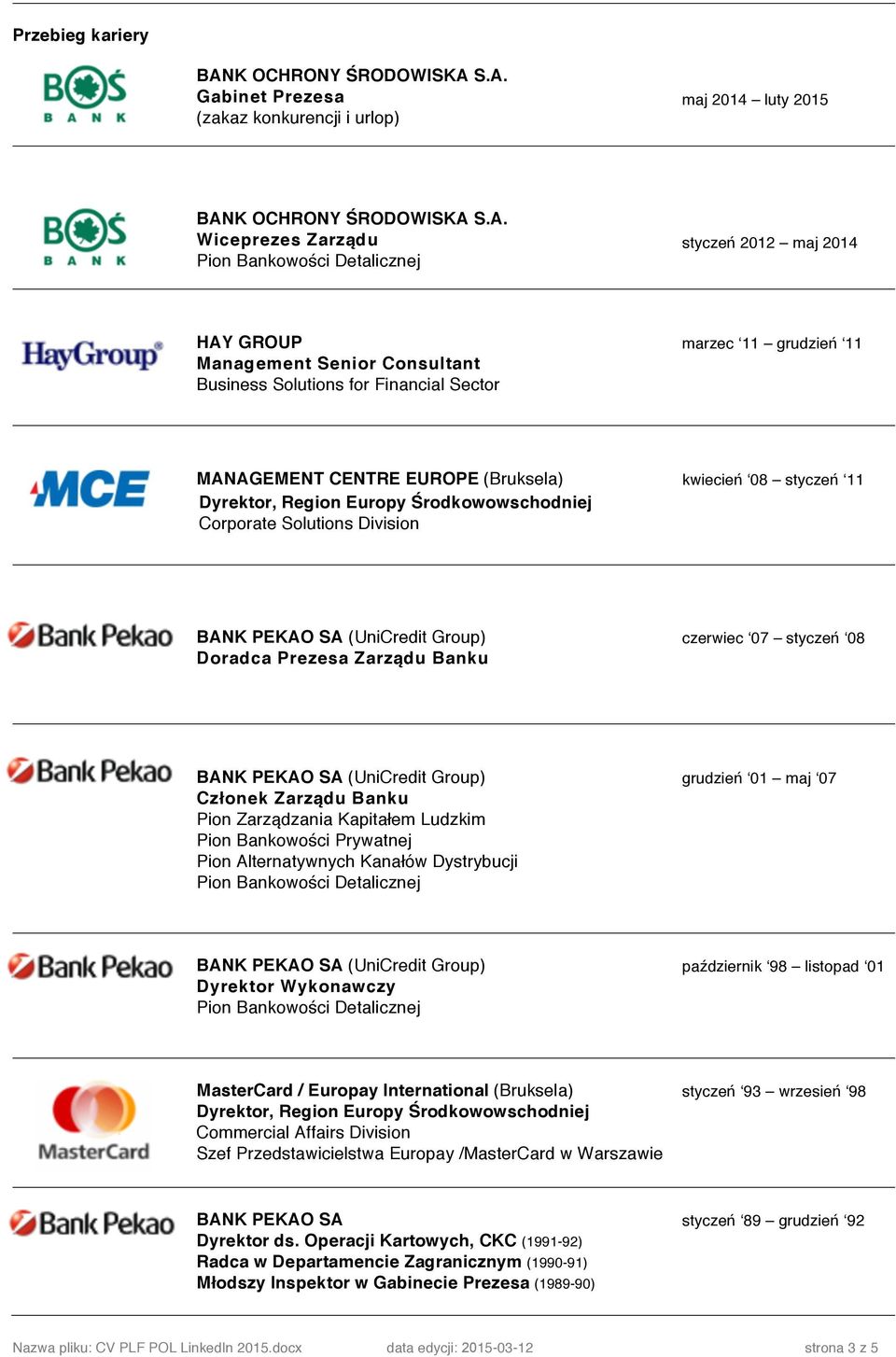 S.A. Gabinet Prezesa (zakaz konkurencji i urlop) maj 2014 luty 2015 BANS.A. Wiceprezes Zarządu styczeń 2012 maj 2014 HAY GROUP marzec 11 grudzień 11 Management Senior Consultant Business Solutions