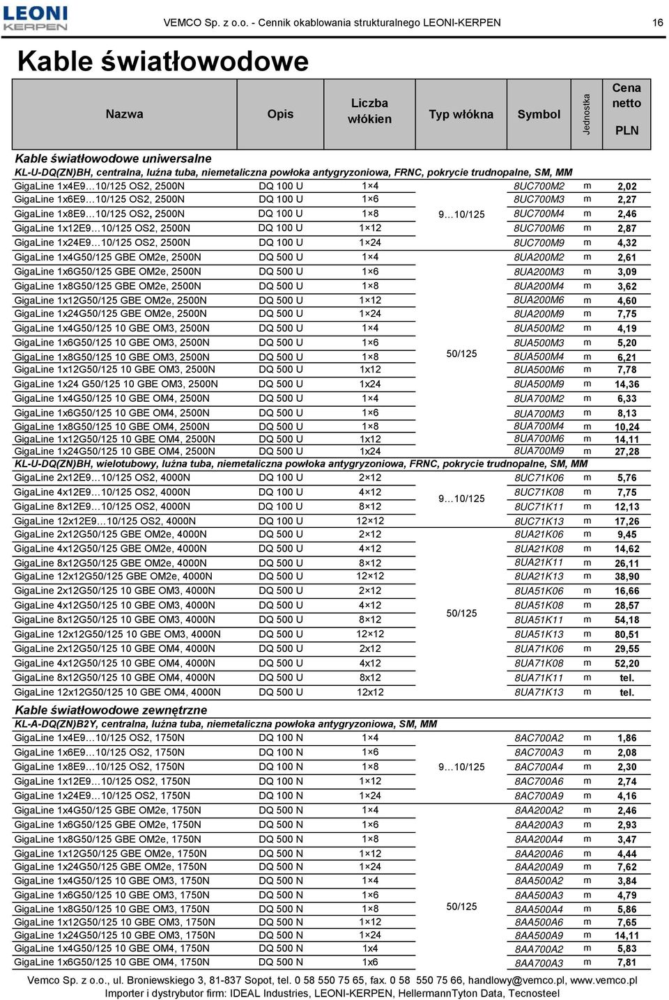 antygryzoniowa, FRNC, pokrycie trudnopalne, SM, MM GigaLine 1x4E9 10/125 OS2, 2500N DQ 100 U 1 4 8UC700M2 m 2,02 GigaLine 1x6E9 10/125 OS2, 2500N DQ 100 U 1 6 8UC700M3 m 2,27 GigaLine 1x8E9 10/125