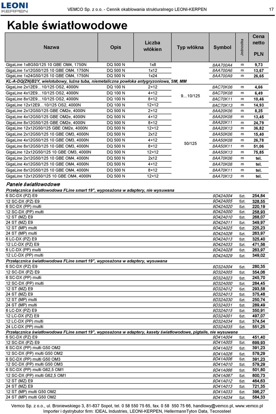 OM4, 1750N DQ 500 N 1x12 8AA700A6 m 13,67 GigaLine 1x24G50/125 10 GBE OM4, 1750N DQ 500 N 1x24 8AA700A9 m 26,65 KL-A-DQ(ZN)B2Y, wielotubowy, luźna tuba, niemetaliczna powłoka antygryzoniowa, SM, MM