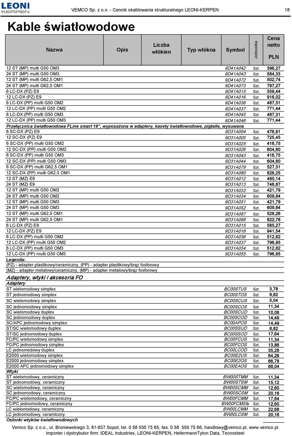 916,02 6 LC-DX (PP) multi G50 OM2 9D41A036 Szt. 487,31 12 LC-DX (PP) multi G50 OM2 9D41A037 Szt. 771,44 6 LC-DX (PP) multi G50 OM3 9D41A045 Szt. 487,31 12 LC-DX (PP) multi G50 OM3 9D41A046 Szt.