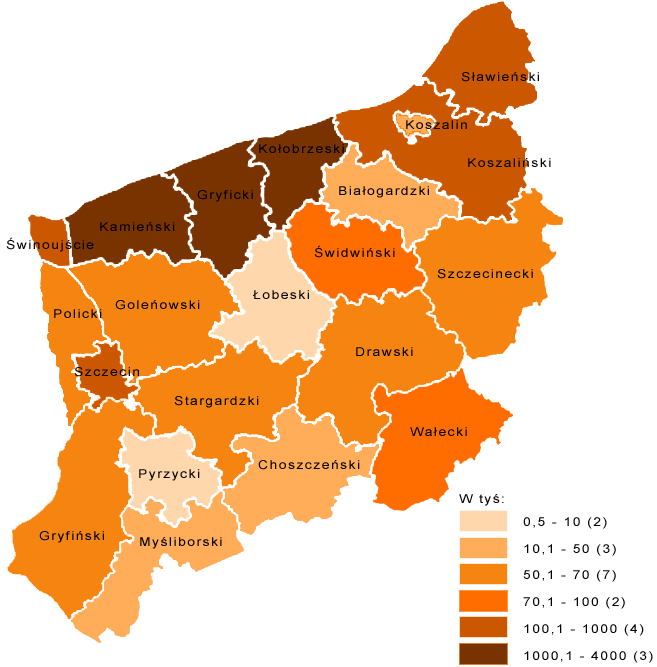 Powiat m. Koszalin 61 019 Powiat drawski 65 585 Powiat gryfiński 68 260 Powiat policki 68 358 Powiat stargardzki 68 868 Powiat wałecki 73 429 Powiat świdwiński 80 242 Powiat m.