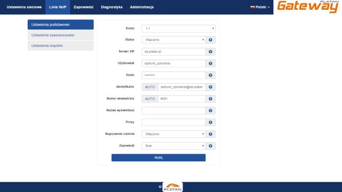 5. Linie VoIP Brama VoIP ver. 1.00.xx W menu Linie VoIP należy skonfigurować konta VoIP dla poszczególnych portów. 5.1. Ustawienia podstawowe Z listy rozwijalnej wybieramy konto, które będziemy konfigurować.