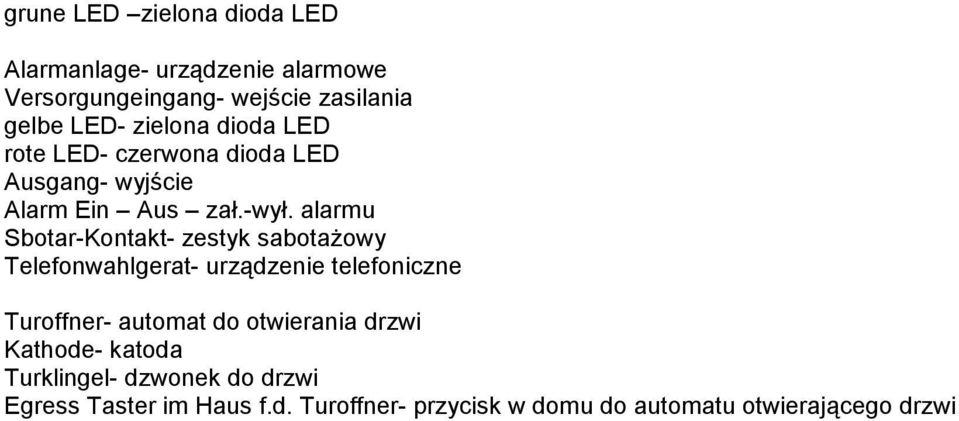 alarmu Sbotar-Kontakt- zestyk sabotażowy Telefonwahlgerat- urządzenie telefoniczne Turoffner- automat do