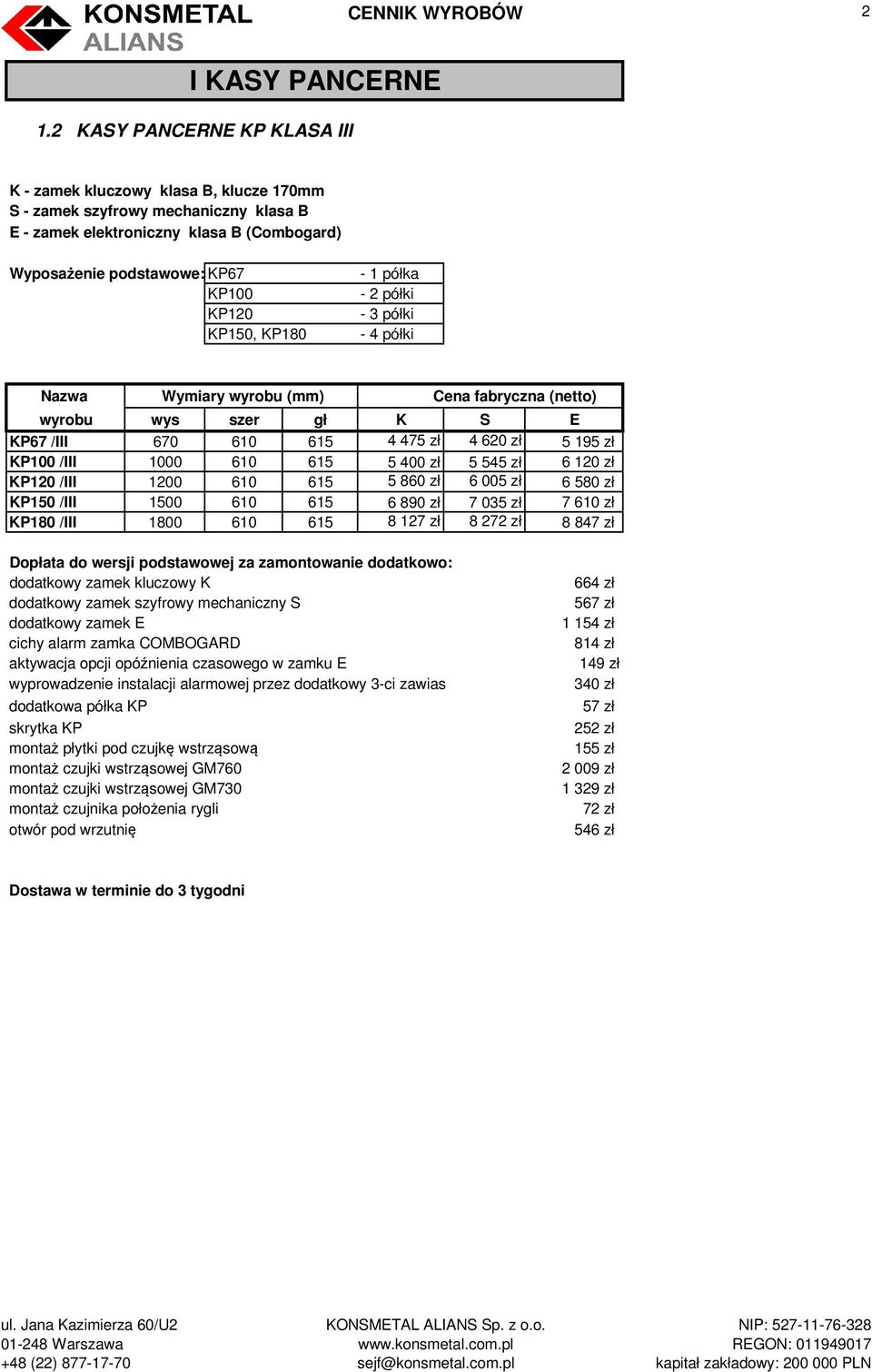 półki - 3 półki - 4 półki wyrobu wys szer gł K S E KP67 /III 670 610 615 4 475 zł 4 620 zł 5 195 zł KP100 /III 1000 610 615 5 400 zł 5 545 zł 6 120 zł KP120 /III 1200 610 615 5 860 zł 6 005 zł 6 580