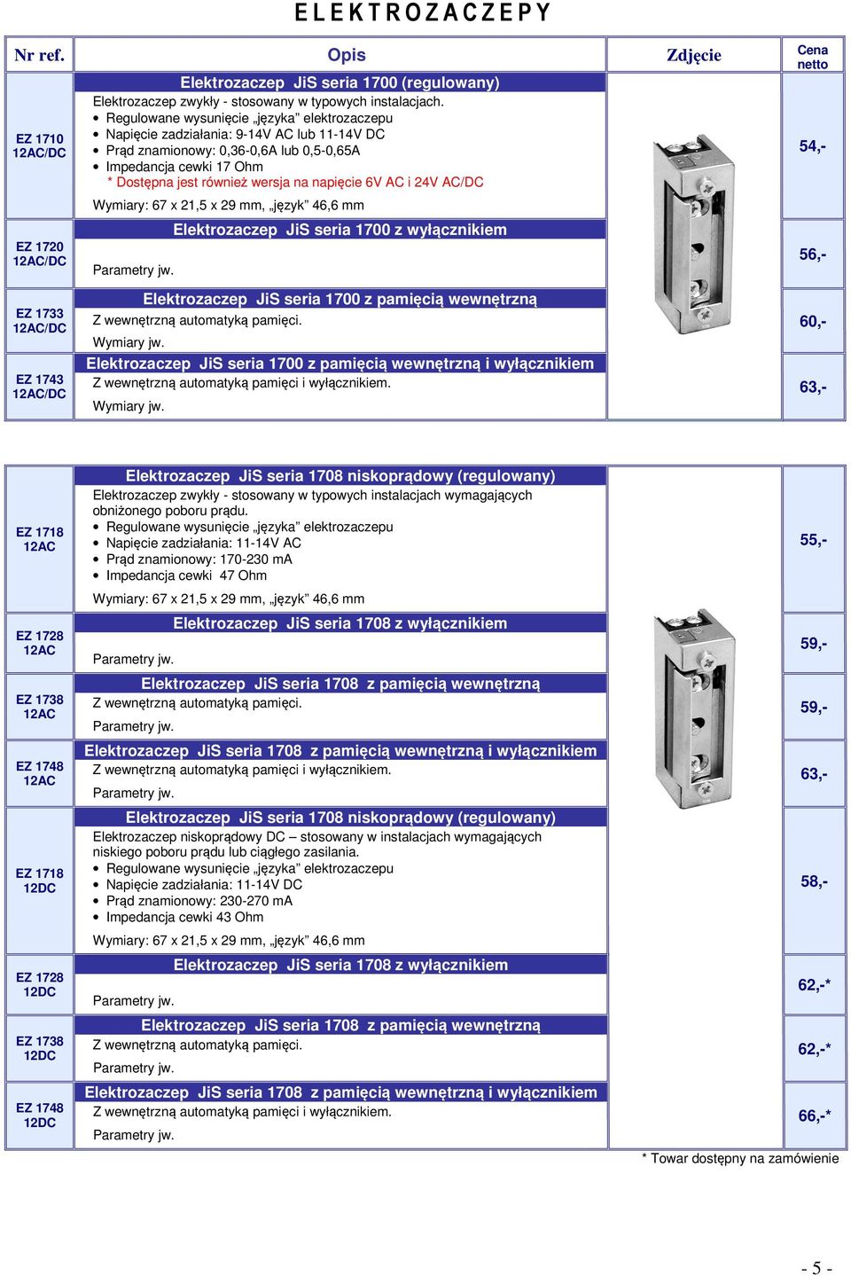 AC i 24V AC/DC Wymiary: 67 x 21,5 x 29 mm, język 46,6 mm Elektrozaczep JiS seria 1700 z wyłącznikiem 54,- 56,- EZ 1733 EZ 1743 Elektrozaczep JiS seria 1700 z pamięcią wewnętrzną Z wewnętrzną