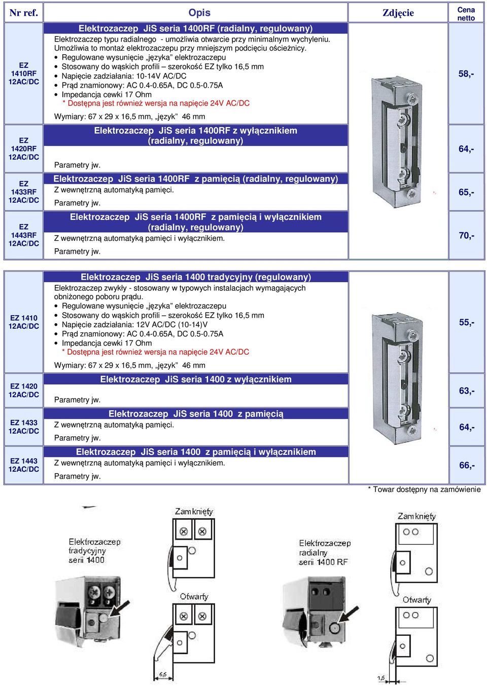 Regulowane wysunięcie języka elektrozaczepu Stosowany do wąskich profili szerokość EZ tylko 16,5 mm Napięcie zadziałania: 10-14V AC/DC Prąd znamionowy: AC 0.4-0.65A, DC 0.5-0.