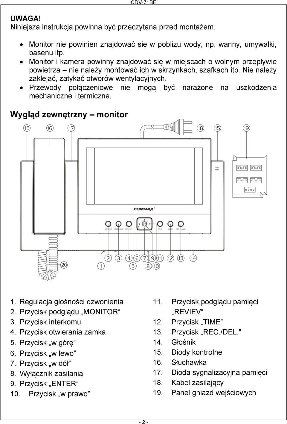 Przewody połączeniowe nie mogą być narażone na uszkodzenia mechaniczne i termiczne. Wygląd zewnętrzny monitor 1. Regulacja głośności dzwonienia 2. Przycisk podglądu MONITOR 3. Przycisk interkomu 4.