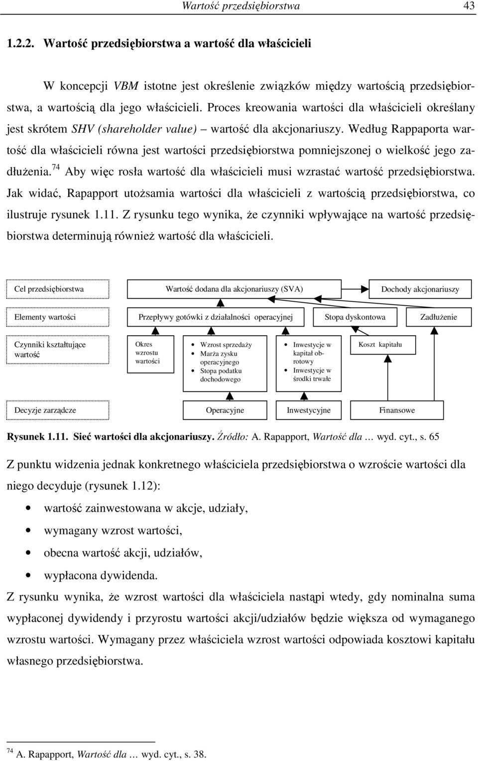 Według Rappaporta wartość dla właścicieli równa jest wartości przedsiębiorstwa pomniejszonej o wielkość jego zadłuŝenia.