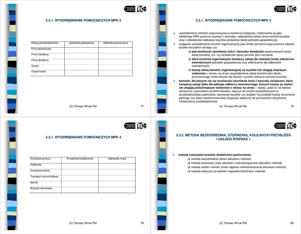 miasta (C) Tomasz Wnuk-Pel 77 wyodrębnienie komórki organizacyjnej w ewidencji księgowej i traktowanie jej jako odrębnego MPK powinno wynikać z potrzeby i opłacalności takiej formy kontroli kosztów