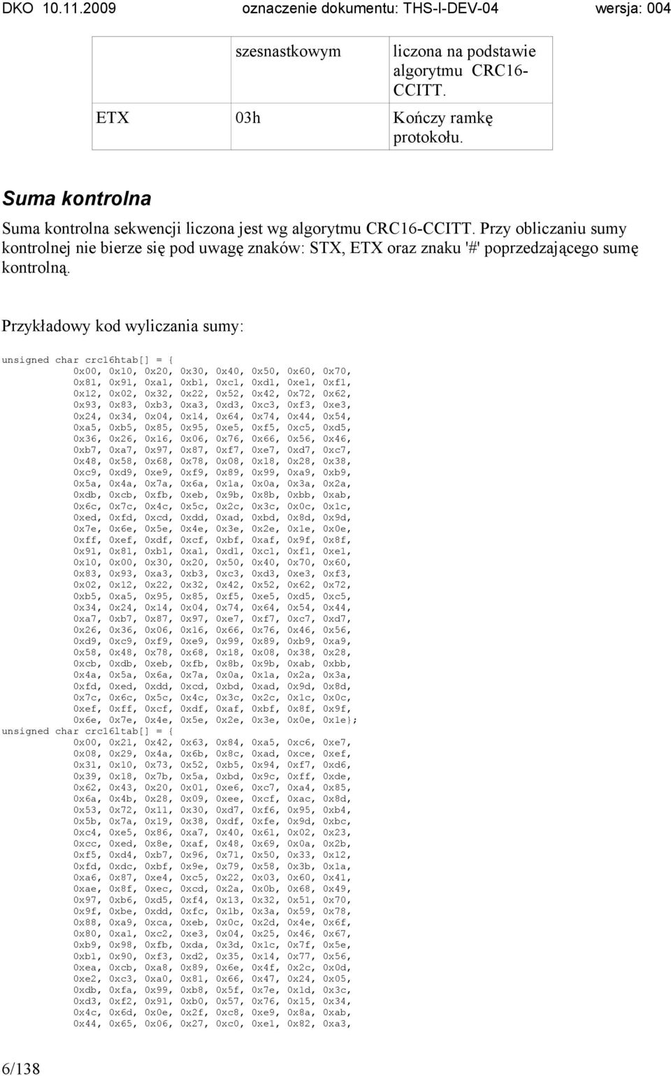 Przykładowy kod wyliczania sumy: unsigned char crc16htab[] = { 0x00, 0x10, 0x20, 0x30, 0x40, 0x50, 0x60, 0x70, 0x81, 0x91, 0xa1, 0xb1, 0xc1, 0xd1, 0xe1, 0xf1, 0x12, 0x02, 0x32, 0x22, 0x52, 0x42,