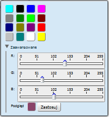 Po kliknięciu na przycisk 'Zaawansowane' wyświetlona zostanie paleta komponowania unikatowego koloru według schematu RGB.