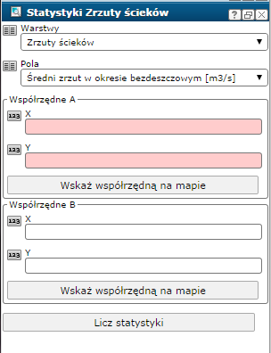 Rys. 38 Wynik obliczeo dla okresowych ujęd wód powierzchniowych 5.2.3. Statystyki Zrzuty ścieków Narzędzie umożliwiające przygotowanie statystki zrzutów ścieków zlokalizowanych w obrębie sumy zlewni wyznaczonych dwoma punktami.