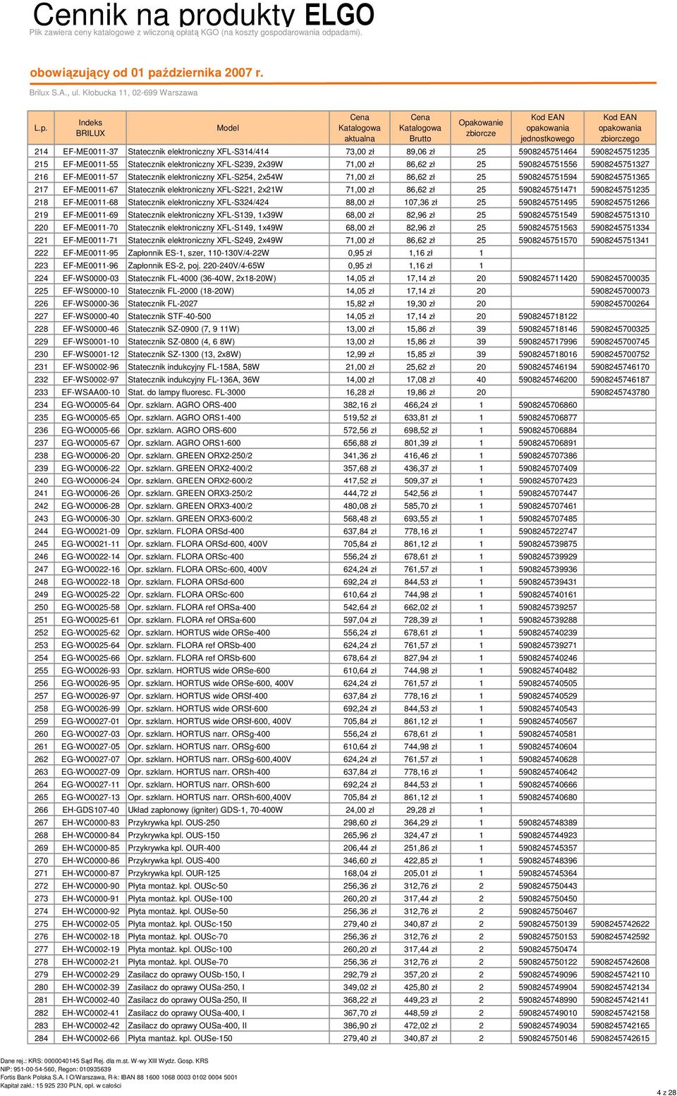 5908245751471 5908245751235 218 EF-ME0011-68 Statecznik elektroniczny XFL-S324/424 88,00 zł 107,36 zł 25 5908245751495 5908245751266 219 EF-ME0011-69 Statecznik elektroniczny XFL-S139, 1x39W 68,00 zł